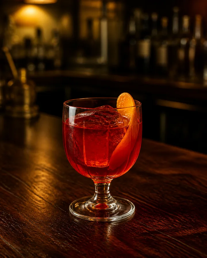 Aperitivo vermelho com grapefruit e gelo grande em pequena taça