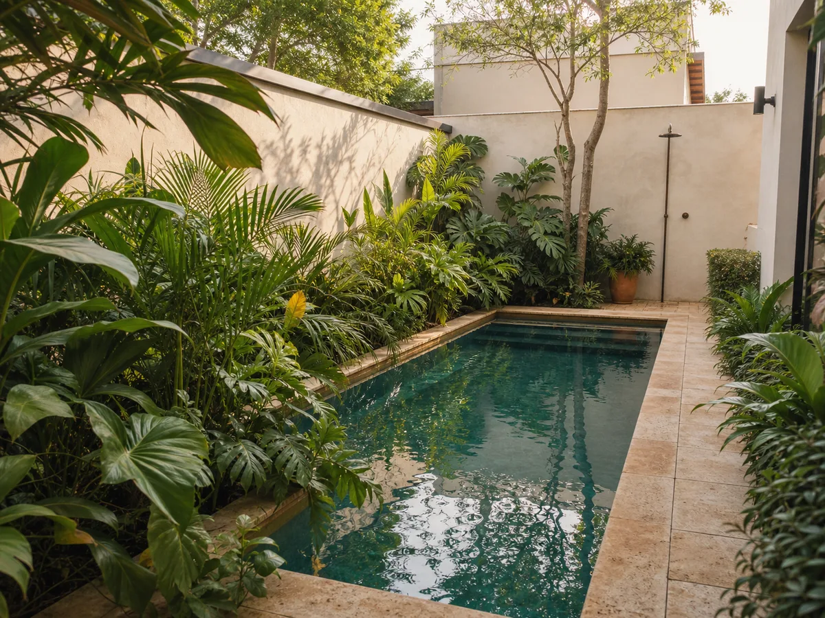 Jardim tropical ao redor de uma piscina residencial compacta