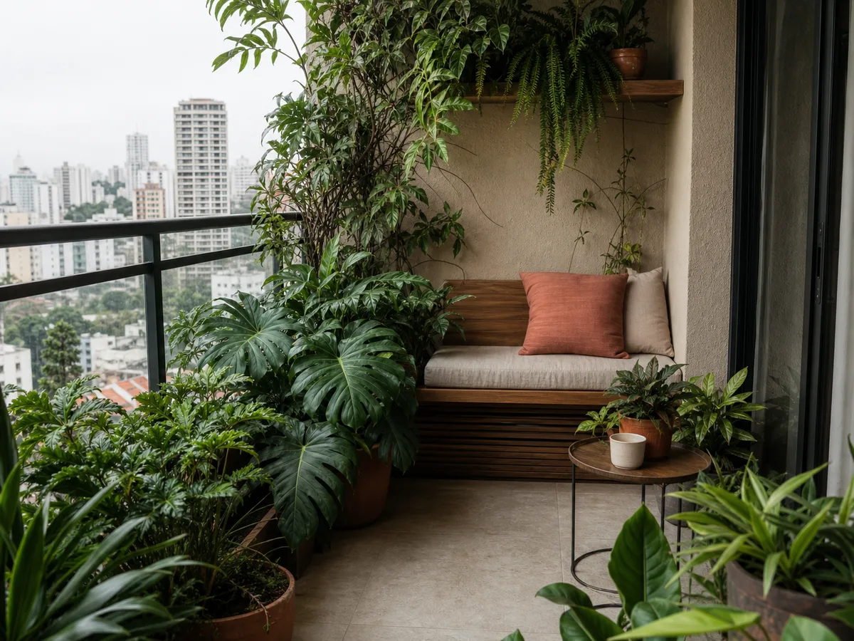 Varanda compacta com banco de madeira e vegetação tropical